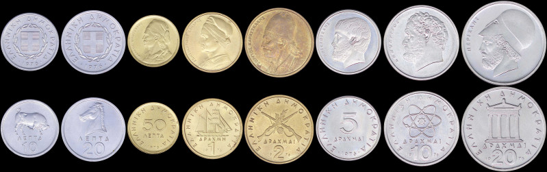 GREECE: Lot of 8 coins (1976) composed of 10 Lepta, 20 Lepta, 50 Lepta, 1 Drachm...