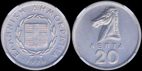 GREECE: 20 Lepta (1978) in aluminum. National arms and inscription "ΕΛΛΗΝΙΚΗ ΔΗΜΟΚΡΑΤΙΑ" on obverse. Horse head on reverse. Inside slab by NGC "MS 66"...