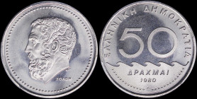 GREECE: 50 Drachmas (1980) (type I) in copper-nickel. Value, waves and inscription "ΕΛΛΗΝΙΚΗ ΔΗΜΟΚΡΑΤΙΑ" on obverse. Head of Solon facing left on reve...