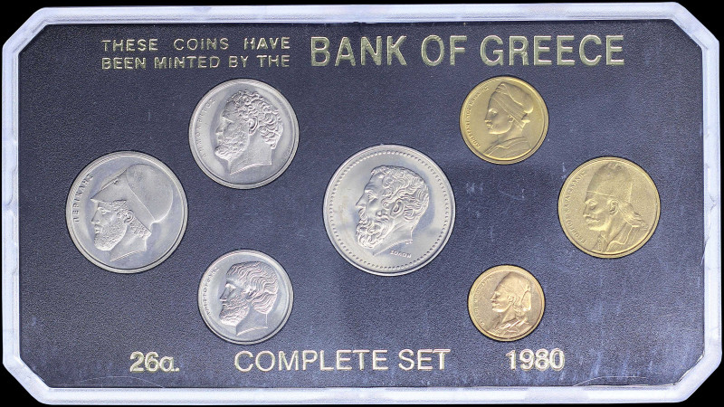 GREECE: Mintstate set (1980) composed of 50 Lepta, 1 Drachma, 2 Drachmas, 5 Drac...