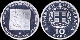 GREECE: 10 Euro (2003) in silver (0,925) commemorating the Hellenic Presidency of European Union. Inside slab by NGC "PF 68 ULTRA CAMEO / EUROPEAN UNI...