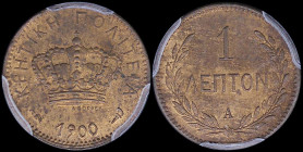 GREECE: 1 Lepton (1900 A) in bronze. Royal Crown and inscription "ΚΡΗΤΙΚΗ ΠΟΛΙΤΕΙΑ" on obverse. Inside slab by PCGS "MS 63 RB". Cert number: 40148977....