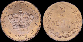 GREECE: 2 Lepta (1900 A) in bronze. Royal Crown and inscription "ΚΡΗΤΙΚΗ ΠΟΛΙΤΕΙΑ" on obverse. Inside slab by PCGS "MS 64 RD". Cert number: 11549834. ...