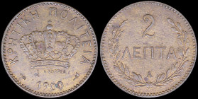 GREECE: 2 Lepta (1900 A) in bronze. Royal Crown and inscription "ΚΡΗΤΙΚΗ ΠΟΛΙΤΕΙΑ" on obverse. (Hellas C.3). About Uncirciculated.