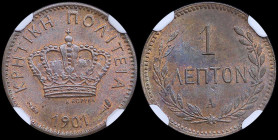 GREECE: 1 Lepton (1901 A) in bronze. Royal Crown and inscription "ΚΡΗΤΙΚΗ ΠΟΛΙΤΕΙΑ" on obverse. Inside slab by NGC "MS 65 RB". Cert number: 2101974-00...
