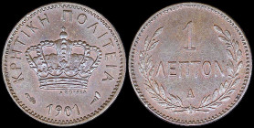 GREECE: 1 Lepton (1901 A) in bronze. Royal Crown and inscription "ΚΡΗΤΙΚΗ ΠΟΛΙΤΕΙΑ" on obverse. (Hellas C.2). Uncirculated.