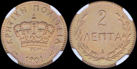 GREECE: 2 Lepta (1901 A) in bronze. Royal Crown and inscription "ΚΡΗΤΙΚΗ ΠΟΛΙΤΕΙΑ" on obverse. Inside slab by NGC "UNC DETAILS / CLEANED". Cert number...