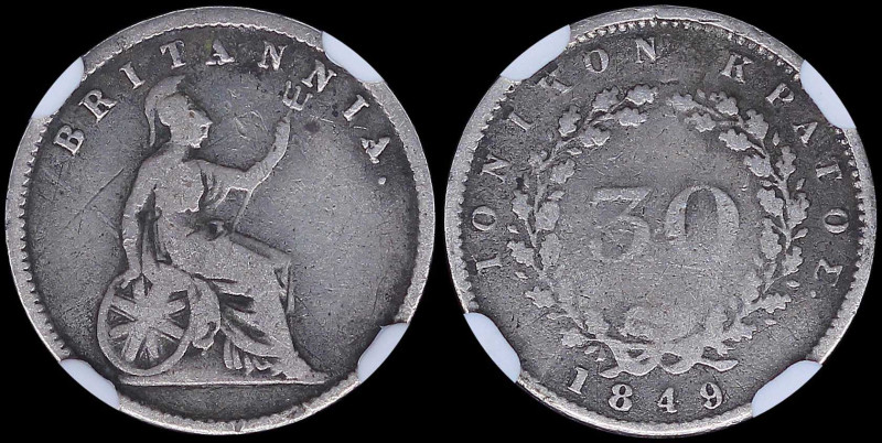 GREECE: 30 new Obols (1849) in silver. Seated Britannia on obverse. Value within...