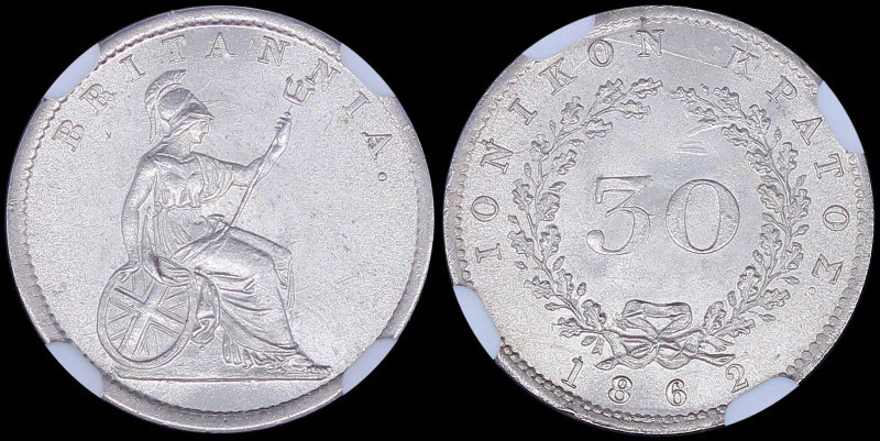 GREECE: 30 new Obols (1862) in silver. Seated Britannia on obverse. Value within...