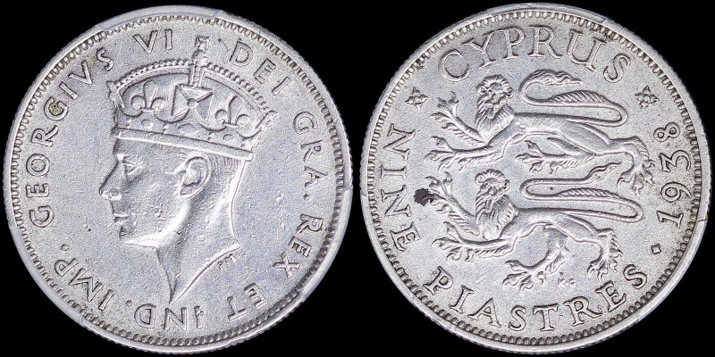 CYPRUS: 9 Piastres (1938) in silver (0,925). Crowned head of King George VI faci...