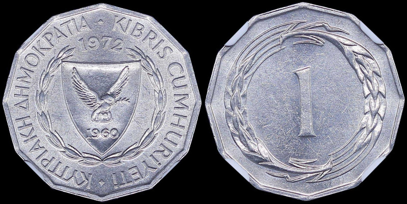 CYPRUS: 1 Mil (1972) in aluminum. Shielded arms within wreath, date above on obv...