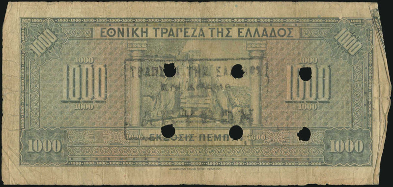 GREECE: 1000 Drachmas (15.10.1926) of 1941 Emergency re-issue cancelled banknote...