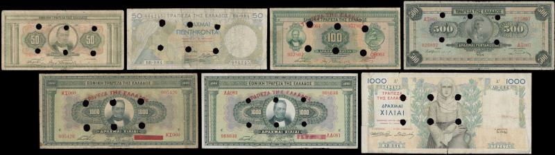 GREECE: Lot of 7 banknotes of 1941 Emergency re-issue composed of 50 Drachmas (2...