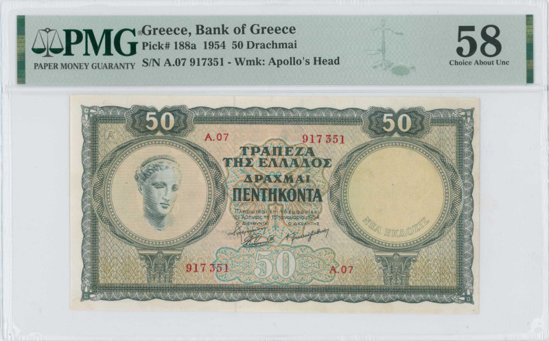 GREECE: 50 Drachmas (15.1.1954) in deep green and green on orange and blue unpt....