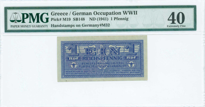 GREECE: 1 Reichpfennig (ND 1944) in dark blue. Eagle with small swastika in unpt...