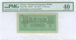 GREECE: 10 Reichpfennig (ND 1944) in light green. Eagle with small swastika in unpt at center on face. Wermacht notes of German armed forces handstamp...