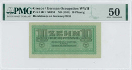 GREECE: 10 Reichpfennig (ND 1944) in light green. Eagle with small swastika in unpt at center on face. Wermacht notes of German armed forces handstamp...