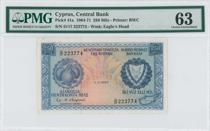 CYPRUS: 250 Mils (1.3.1968) in blue on multicolor unpt. Fruits at left and arms ...