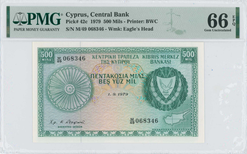 CYPRUS: 500 Mils (1.9.1979) in green on multicolor unpt. Arms at right on face. ...