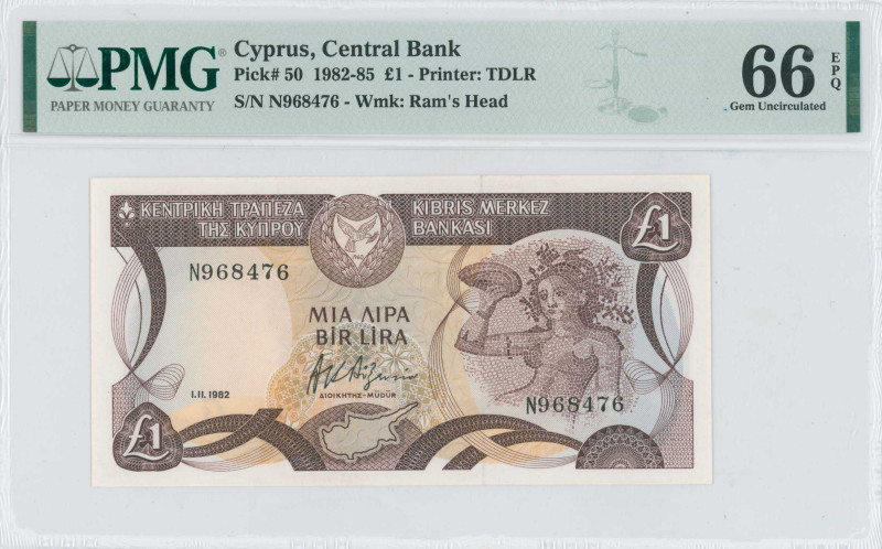 CYPRUS: 1 Pound (1.11.1982) in dark brown and multicolor. Mosaic of nymph Acme a...