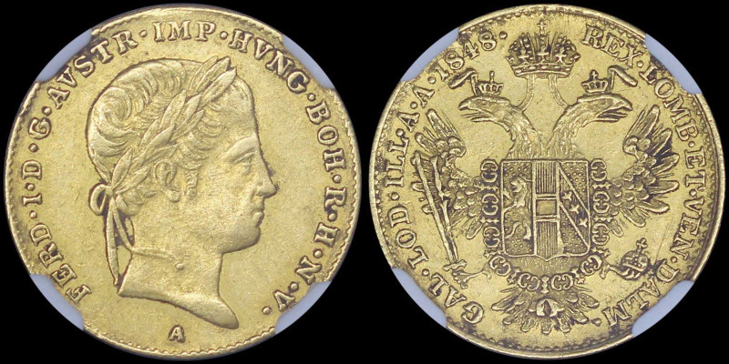 AUSTRIA: 1 Ducat (1848 A) in gold (0,986). Head of Ferdinand I facing right on o...