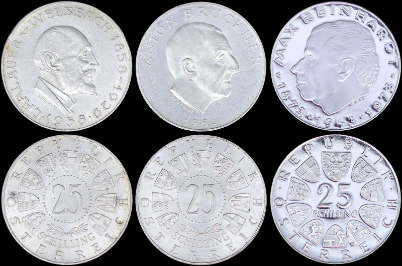 AUSTRIA: Lot of 3 silver (0,800) coins composed of 25 Schilling (1958), 25 Schil...