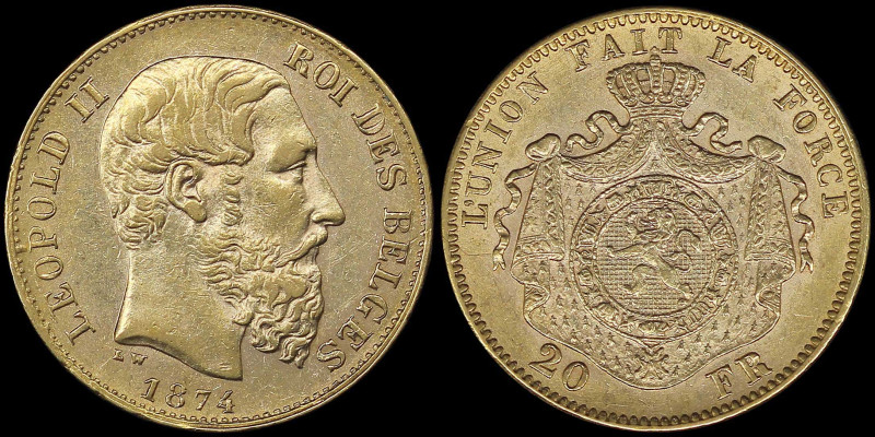 BELGIUM: 20 Francs (1874) in gold (0,900). Head of Leopold II facing right with ...