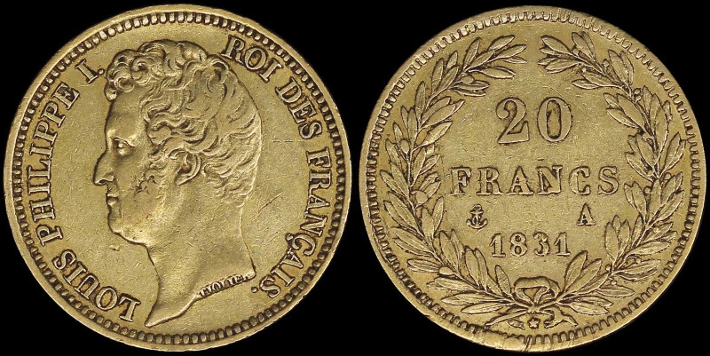 FRANCE: 20 Francs (1831 A) in gold (0,900). Head of Louis Philippe facing left o...