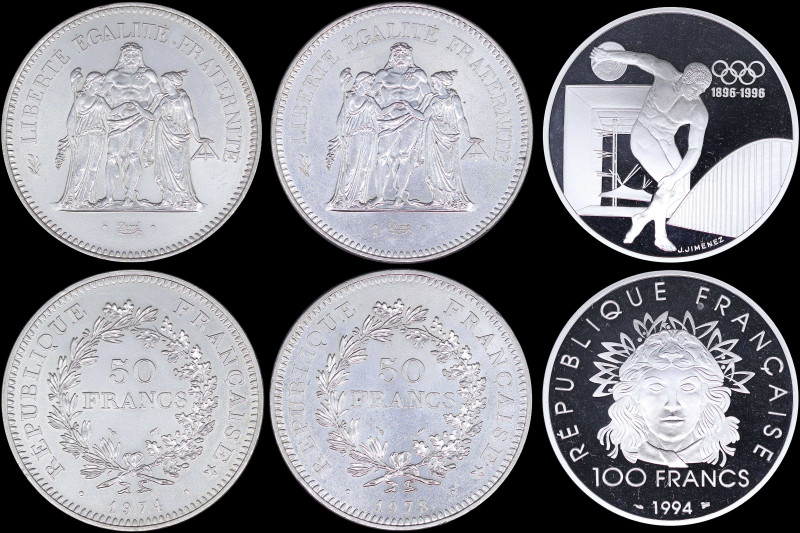 FRANCE: Lot of 3 silver coins composed of 50 Francs (1974), 50 Francs (1978) & 1...