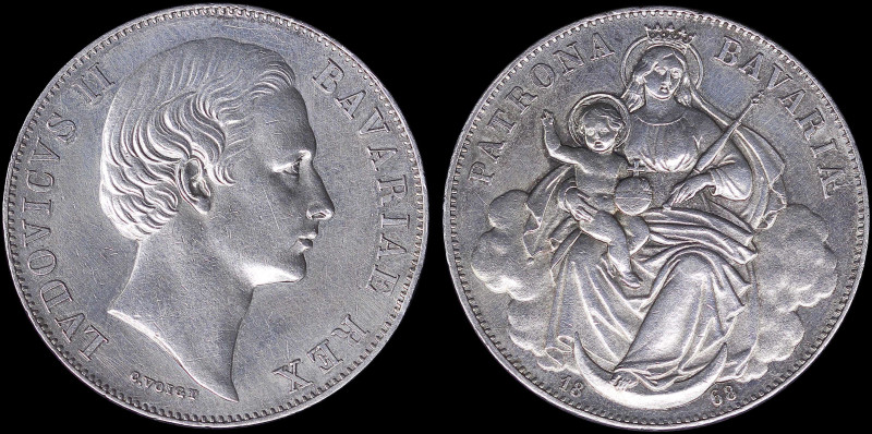 GERMAN STATES / BAVARIA: 1 Thaler (1868) in silver (0,900). Head of Ludwig II fa...