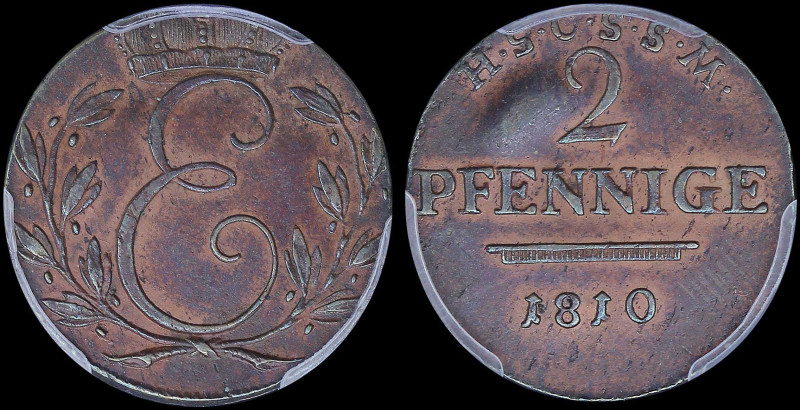 GERMAN STATES / SAXE-COBURG-SAALFELD: 2 Pfennig (1810) in copper. Crowned script...