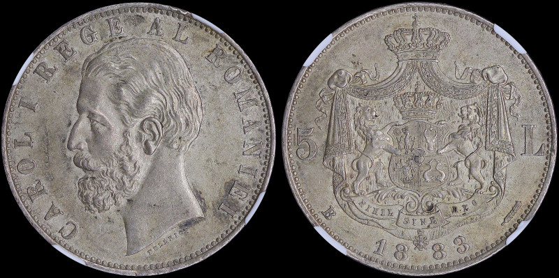 ROMANIA: 5 Lei (1883 B) in silver (0,900). Head of Carol I facing left on obvers...