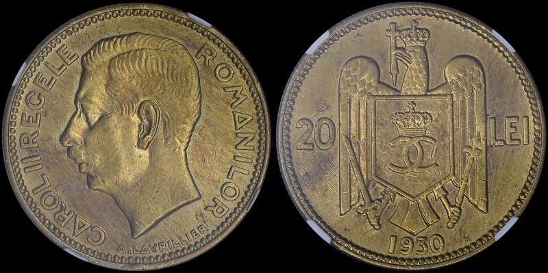 ROMANIA: 20 Lei (1930 H) in nickel-brass. Head of Carol II facing left on obvers...