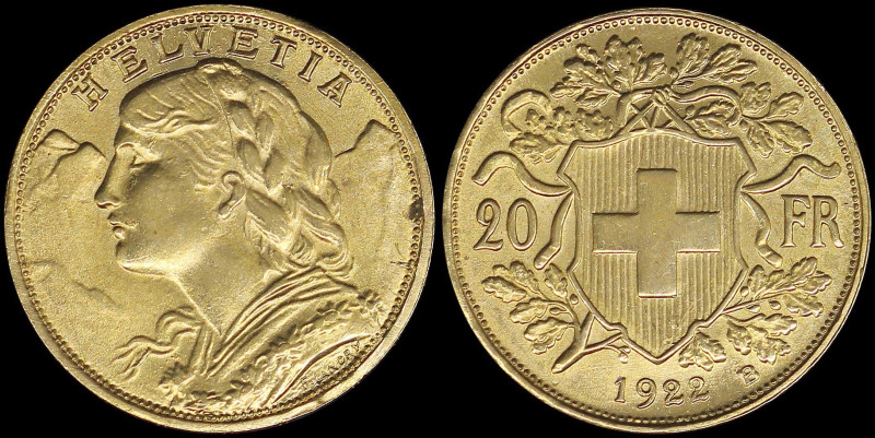 SWITZERLAND: 20 Francs (1922 B) in gold (0,900). Head of Helvetia facing left on...