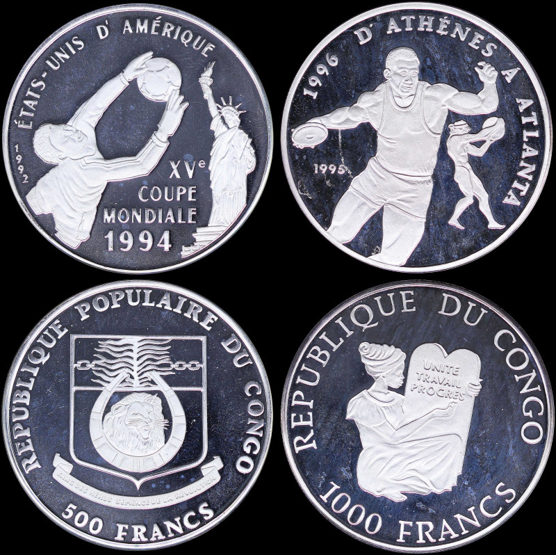 CONGO REPUBLIC: Lot of 2 coins in silver (0,999) composed of 500 Francs (1992) &...