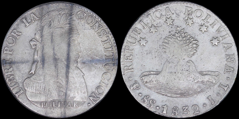 BOLIVIA: 8 Soles (1832 PTS JL) in silver (0,903). Llamas beneath tree and stars ...