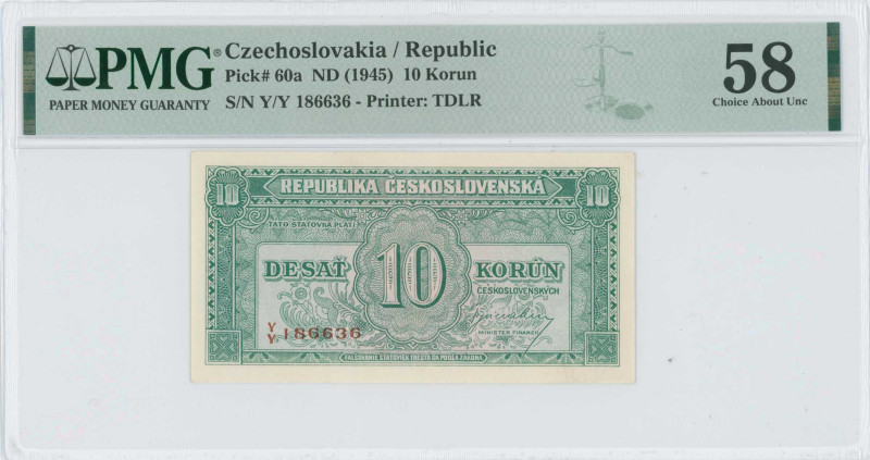 CZECHOSLOVAKIA: 10 Korun (ND 1945) in green on pink and green unpt. S/N: "Y/Y 18...