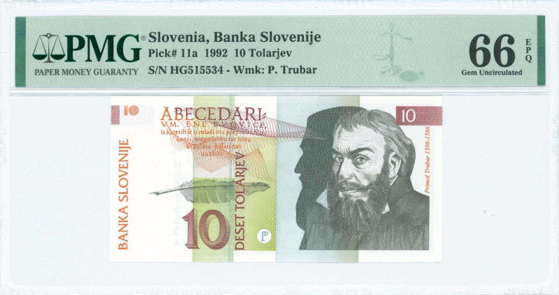 SLOVENIA: 10 Tolarjev (15.1.1992) in black, brown violet and brown-orange on mul...