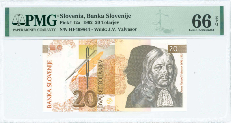 SLOVENIA: 20 Tolarjev (15.1.1992) in brownish black, deep brown and brown-orange...