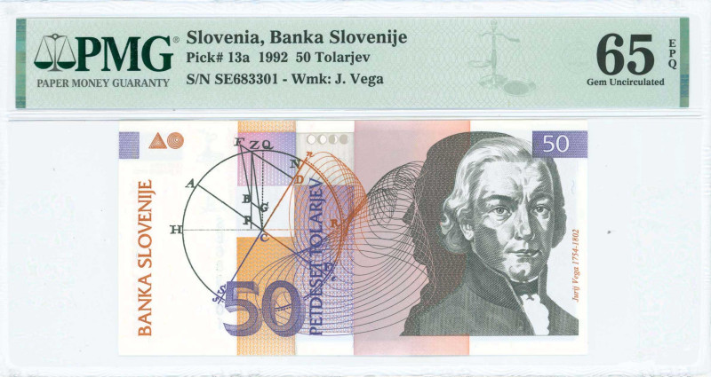 SLOVENIA: 50 Tolarjev (15.1.1992) in black, purple and brown-orange on multicolo...