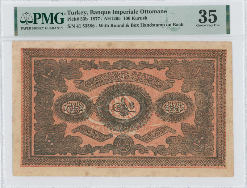 TURKEY: 100 Kurush (AH1295 / 1877) in black on orange-brown unpt. Toughra at cen...