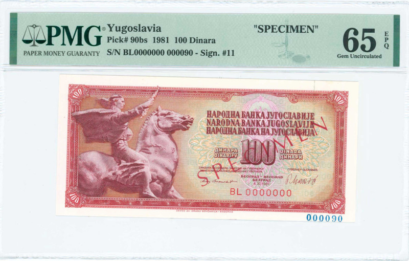 YUGOSLAVIA: Specimen of 100 Dinara (4.11.1981) in red on multicolor unpt. Equast...