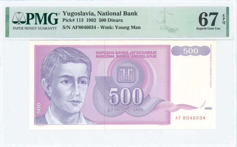 YUGOSLAVIA: 500 Dinara (1992) in pale purple and lilac. Young man at left and Na...