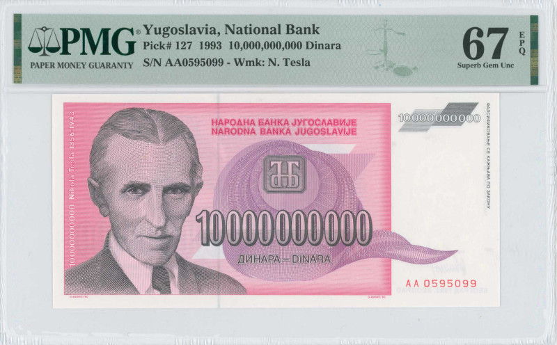 YUGOSLAVIA: 10 billion Dinara (1993) in black, purple and red. Nicola Tesla at l...