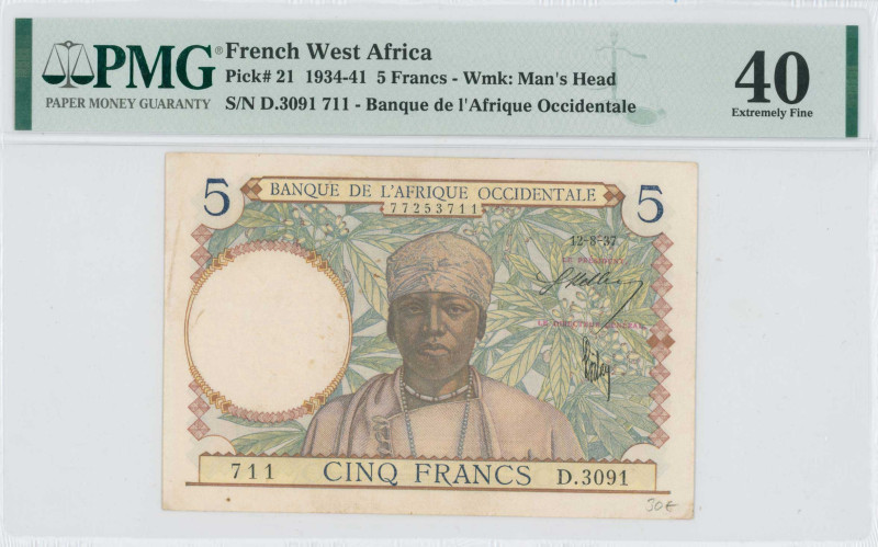 FRENCH WEST AFRICA: 5 Francs (12.8.1937) in multicolor. Man at center on face. S...