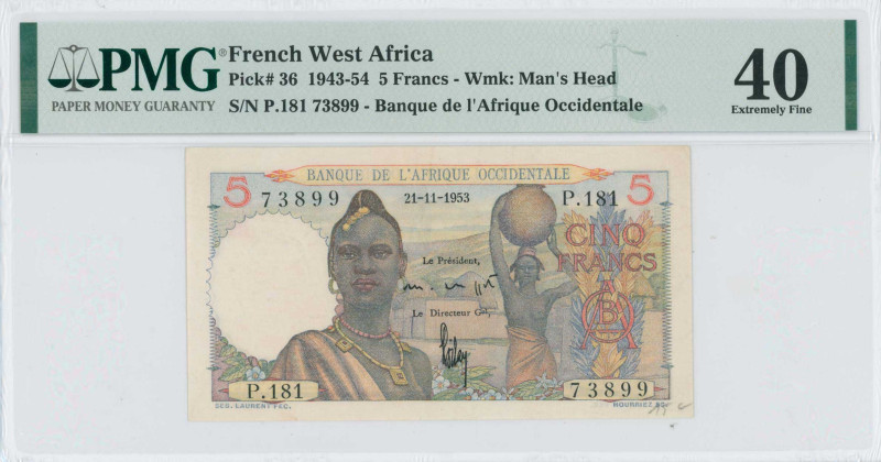 FRENCH WEST AFRICA: 5 Francs (21.11.1953) in multicolor. Two women, one in finer...