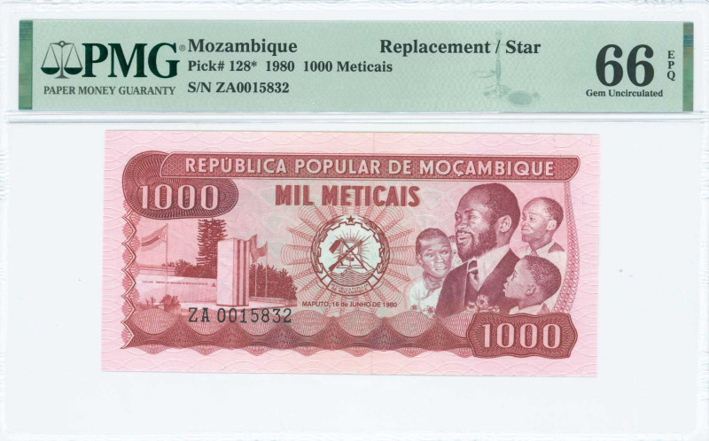 MOZAMBIQUE: Replacement of 1000 Meticais (16.6.1980) in deep red on multicolor u...