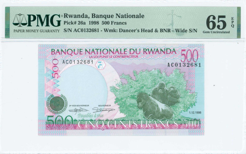 RWANDA: 500 Francs (1.12.1998) in blue and green on multicolor unpt. Mountain go...