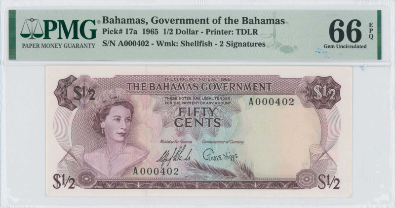 BAHAMAS: 1/2 Dollar (1965) in purple on multicolor unpt. Queen Elizabeth II at l...