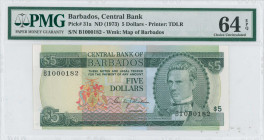 BARBADOS: 5 Dollars (ND 1973) in green on multicolor unpt. Portait of S J Prescod at right, arms at left center on face. Low S/N: "B1 000182". WMK: Ma...